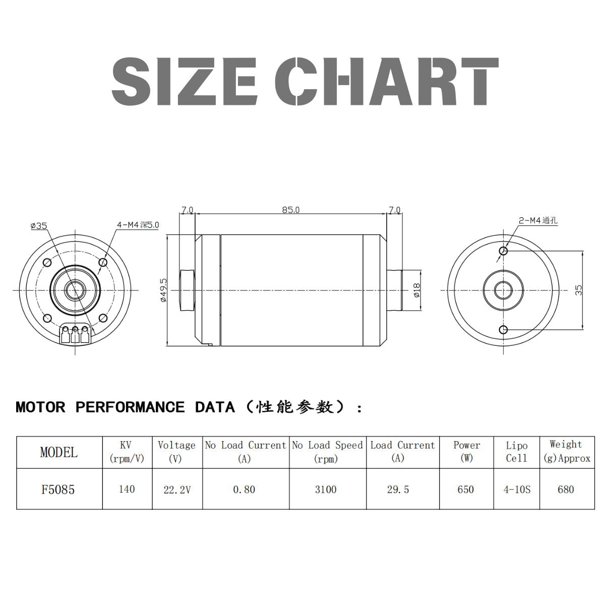 DD5085 14.8-42V 140kv 650W 100m Waterproof Brushless Motor